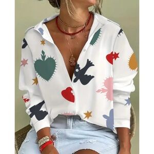 Women's White Patterned Button-Up Shirt